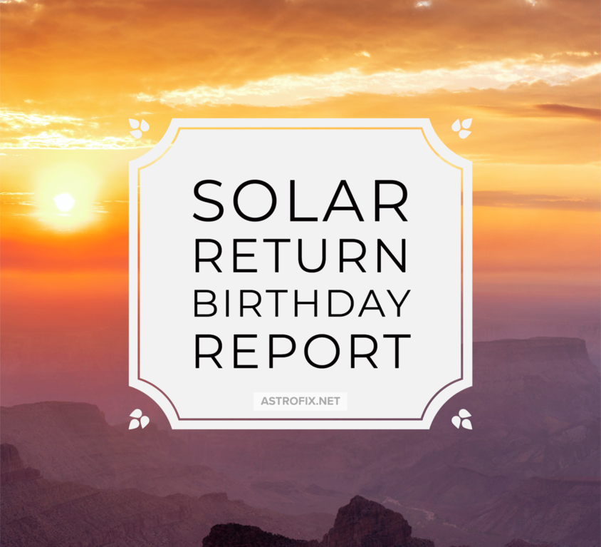 solar return report cover with sunset in the background over mountains