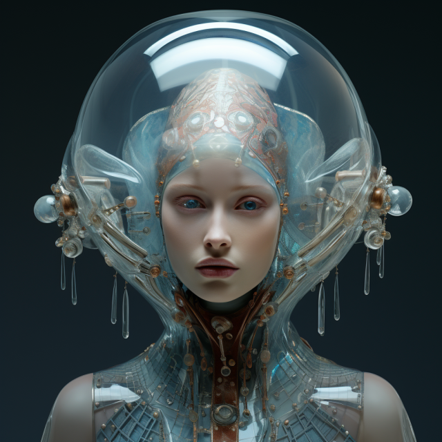 Futuristic woman wearing a glass helmet with her head elongated and suspended with a rod