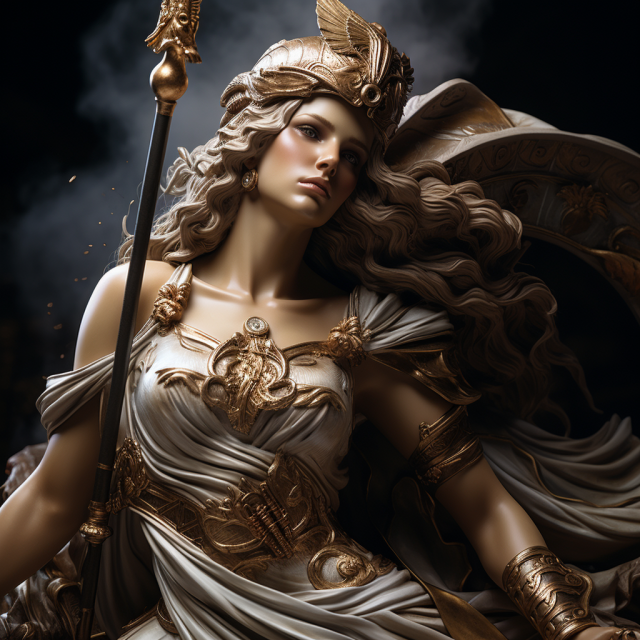 Greek Goddess Athena dressed in white and gold, in ful regalia with her spear and helmet